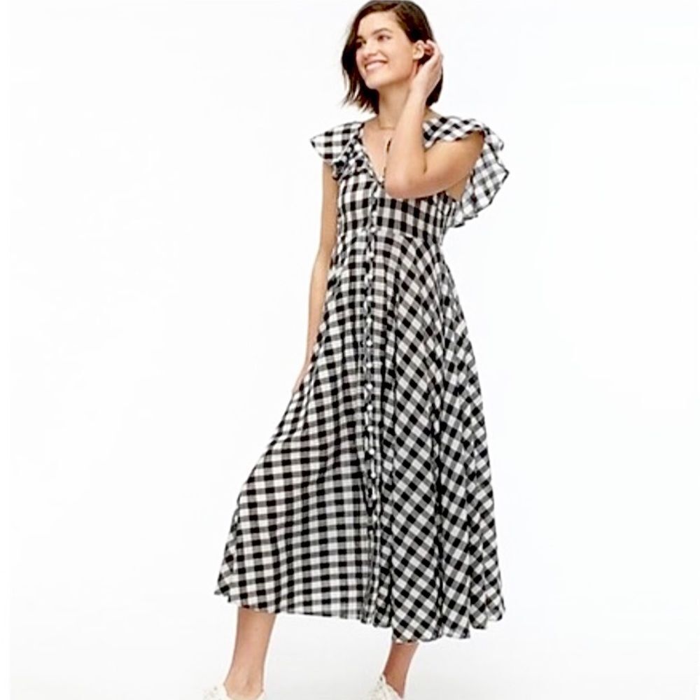 J. Crew Avril Gingham Checked Flutter Sleeve Cotton Maxi Dress Size Small